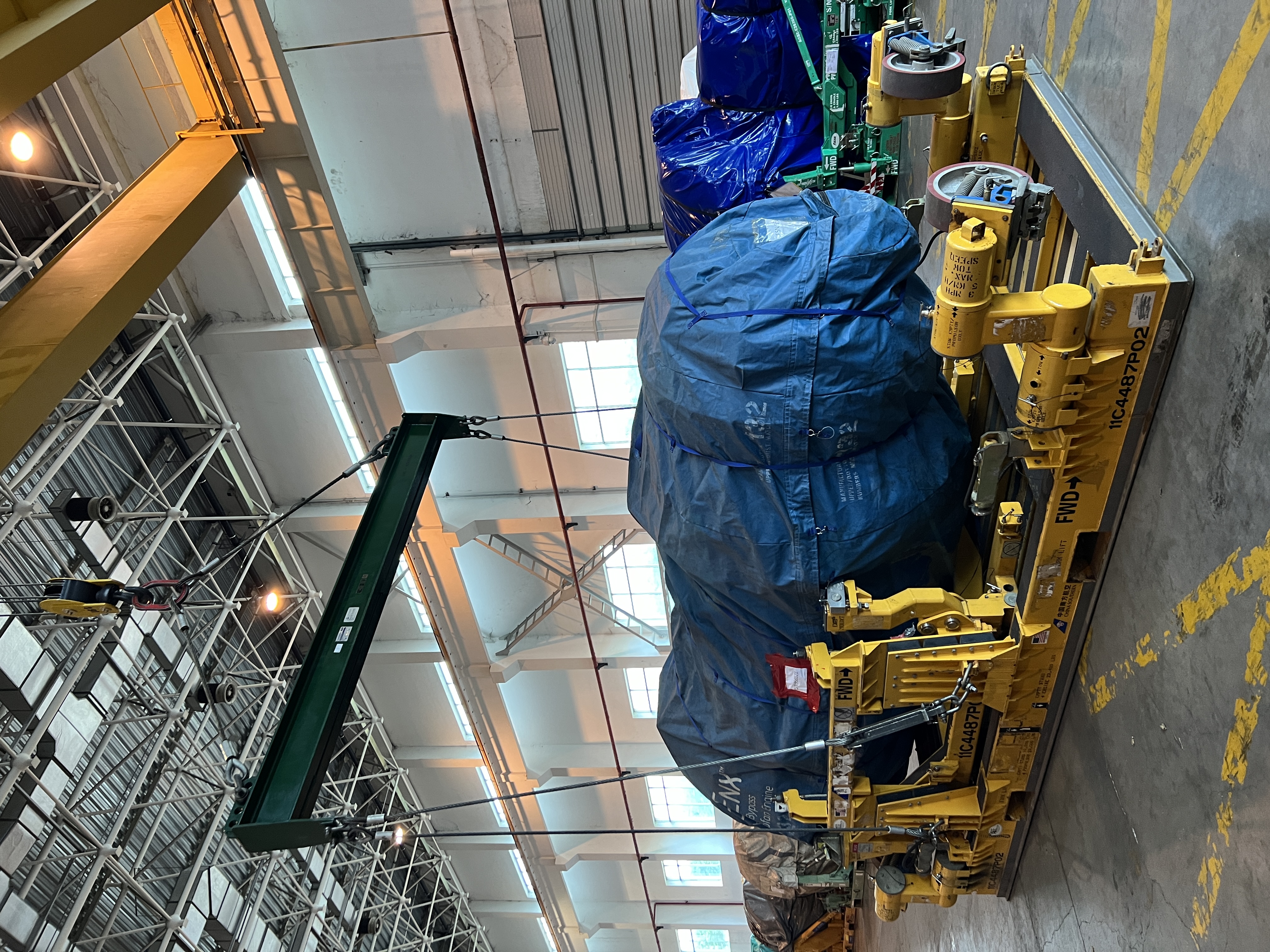 Aircraft engine secured on a specialist transport cradle