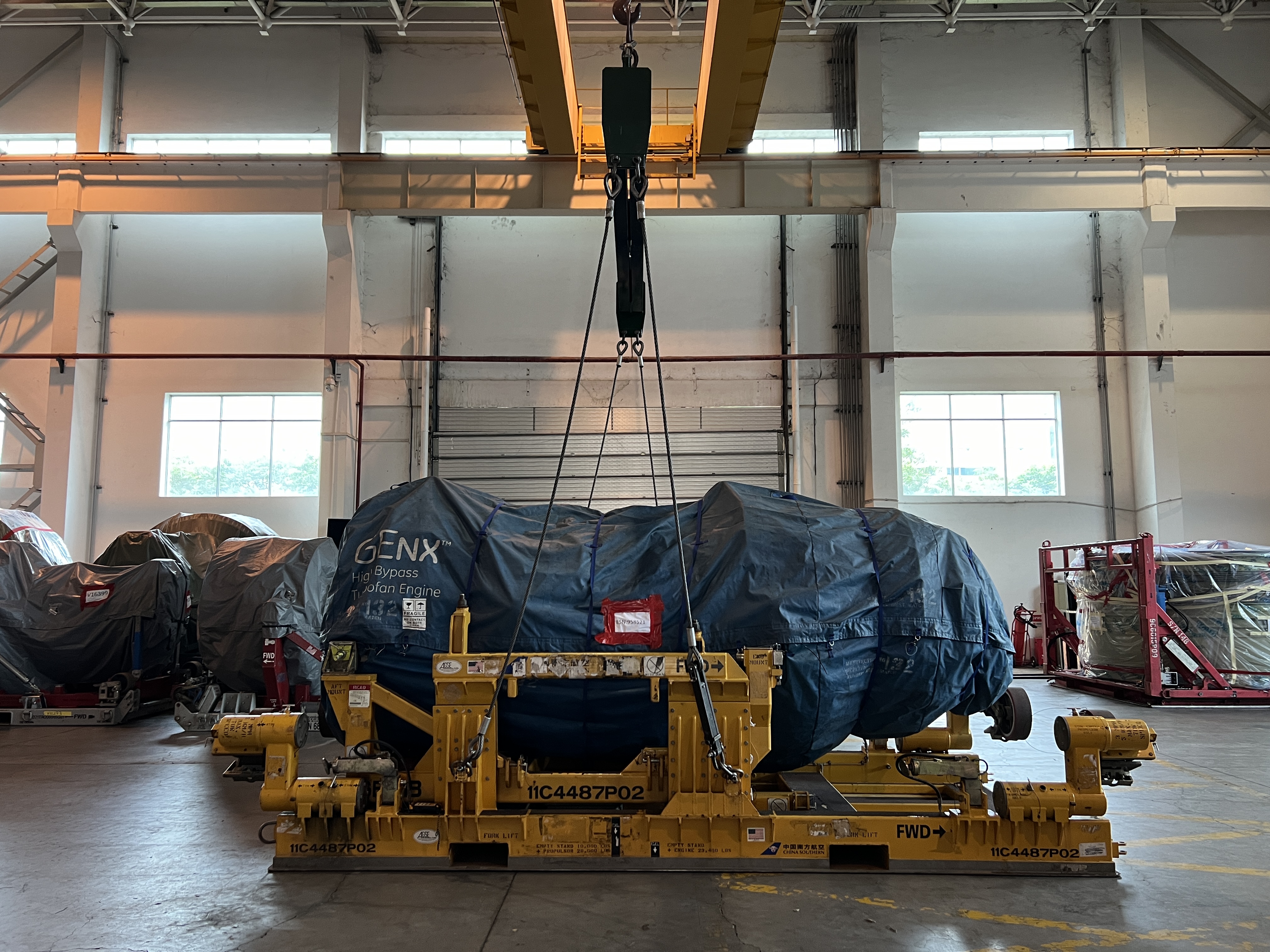 Aircraft engines on transport cradles